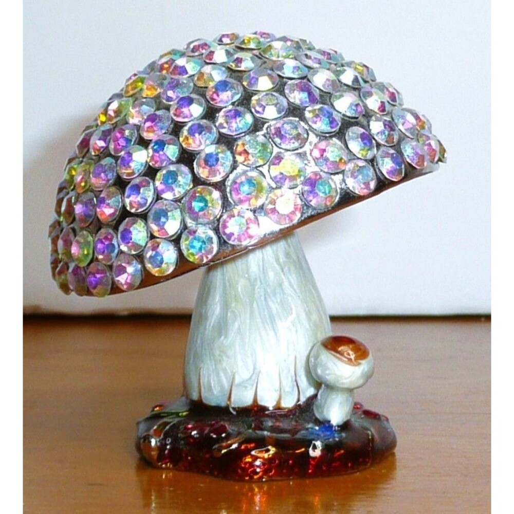 Whimsical Magic Mushroom Metal Jeweled Enameled Trinket Box Objet D’ Art #79